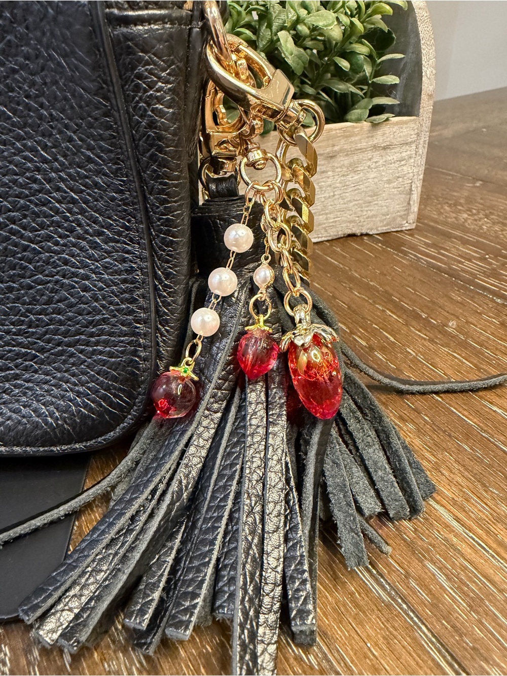 14th & Union Black Leather Crossbody Bag with Gold Chain, Tassel and Bag Charm - Picture 3 of 6